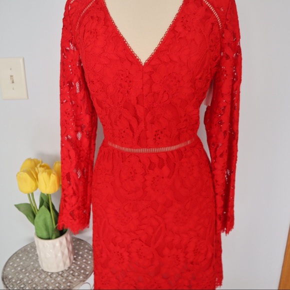 Monique Lhuillier Embroidered Red Lace Dress Sz12 - Picture 4 of 7